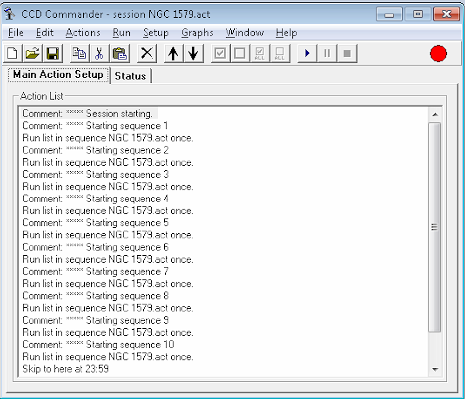 20 CCD Commander session (fancy).png - This script starts a "sequence" sub-action that will focus the scope, aim at the target, and take an hour's worth of pictures.  Then it repeats that sequence again several times.  But the script stops at midnight, when this particular target is due to transit.